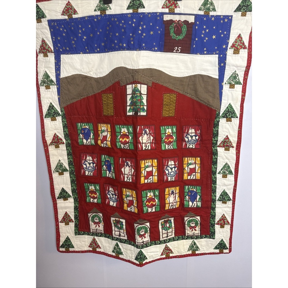 Vintage Christmas Advent Calendar Quilted Wall Hanging Pockets Granny Holiday‎